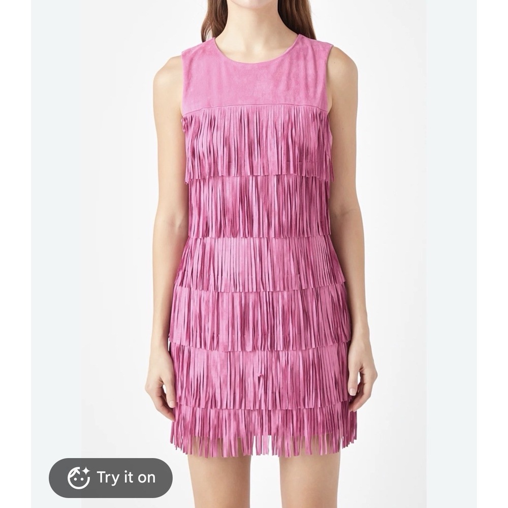 Endless Rose Tiered Faux Suede Fringe Mini Dress Size Large Pink NWT